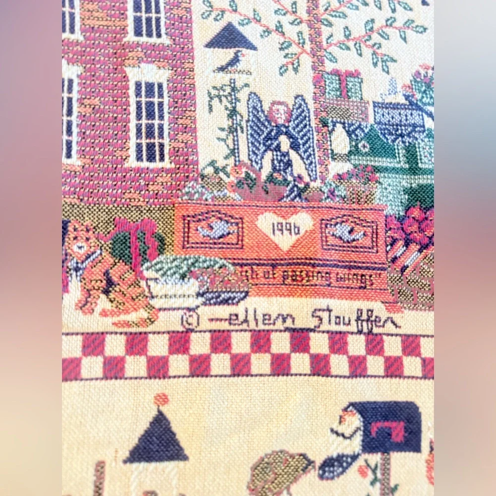 VTG Goodwin Angel ABCs Tapestry Throw Blanket Fringe 1996 Ellen Stouffer 68”x46”